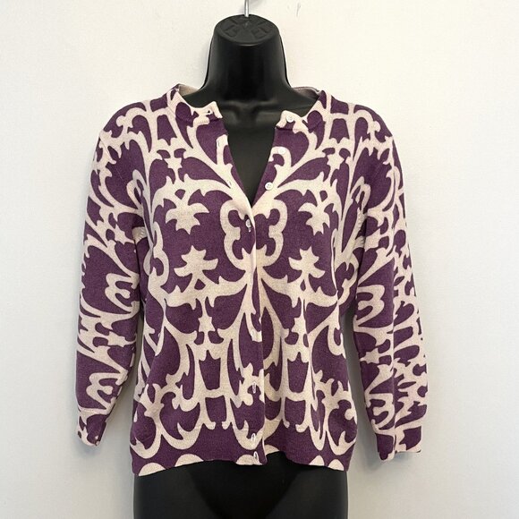 J. Crew Purple & White Merino Wool Cardigan with 3/4 Sleeves, Size Large - Picture 1 of 9